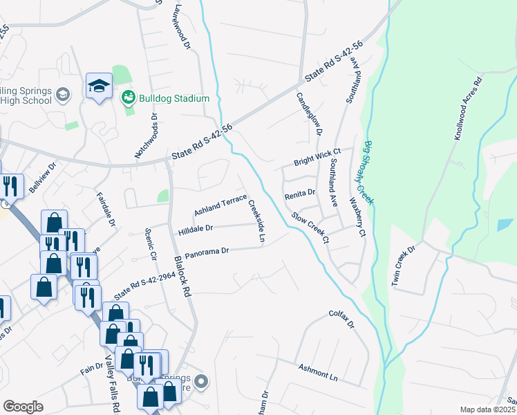 map of restaurants, bars, coffee shops, grocery stores, and more near 84 Creekside Lane in Boiling Springs
