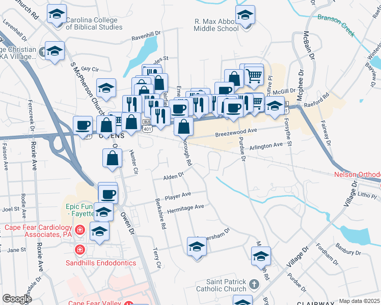 map of restaurants, bars, coffee shops, grocery stores, and more near 1103 Marlborough Road in Fayetteville
