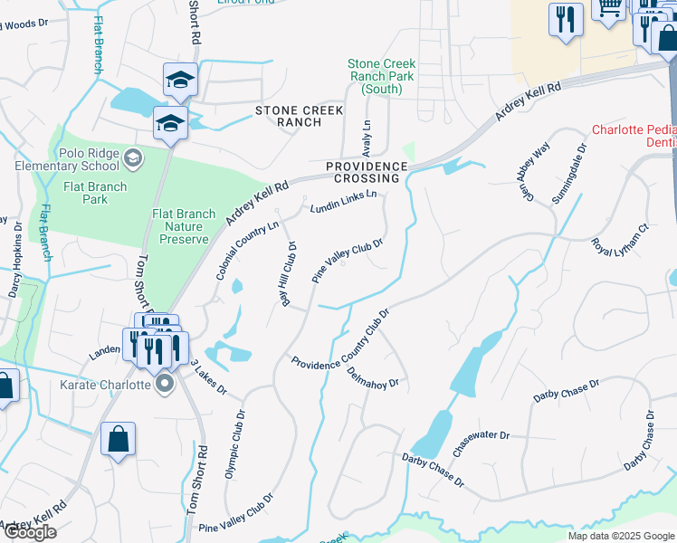 map of restaurants, bars, coffee shops, grocery stores, and more near 6305 Royal Aberdeen Court in Charlotte