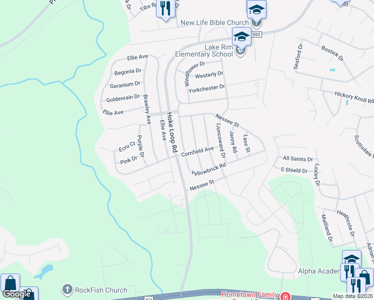 map of restaurants, bars, coffee shops, grocery stores, and more near 5838 Cornfield Avenue in Fayetteville