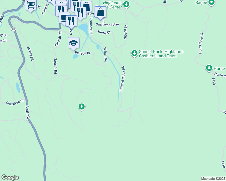 map of restaurants, bars, coffee shops, grocery stores, and more near 280 Satulah Ridge Road in Highlands