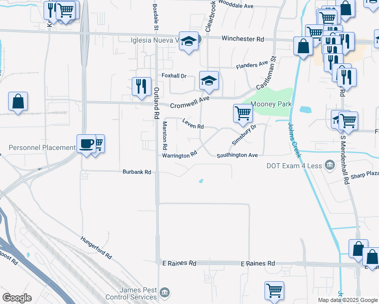 map of restaurants, bars, coffee shops, grocery stores, and more near 4918 Warrington Road in Memphis