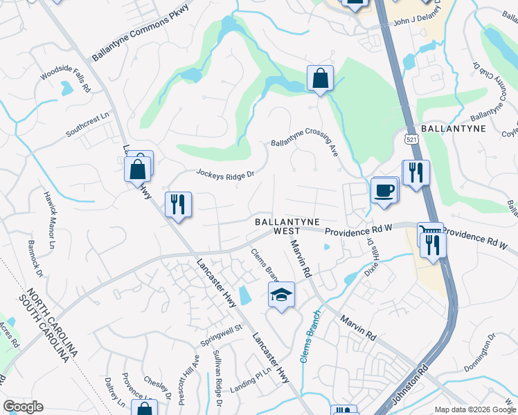 map of restaurants, bars, coffee shops, grocery stores, and more near 11716 Hawick Valley Lane in Charlotte