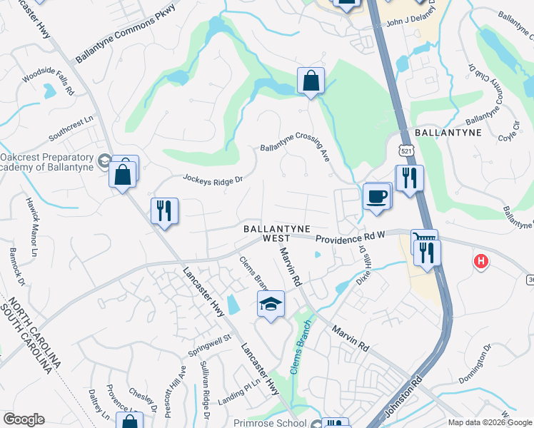 map of restaurants, bars, coffee shops, grocery stores, and more near 11545 Innes Court in Charlotte