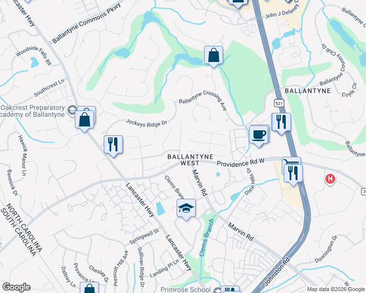 map of restaurants, bars, coffee shops, grocery stores, and more near 11545 Innes Court in Charlotte