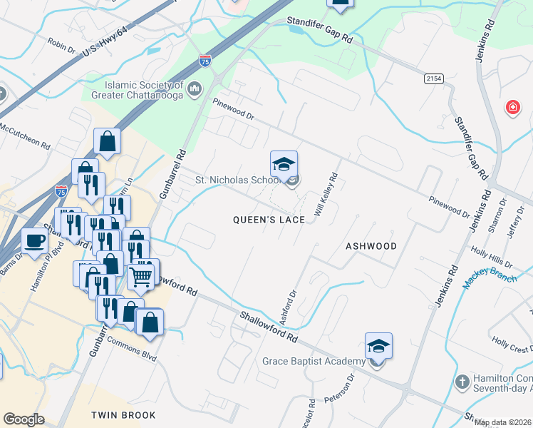 map of restaurants, bars, coffee shops, grocery stores, and more near 2431 Queens Lace Trail in Chattanooga