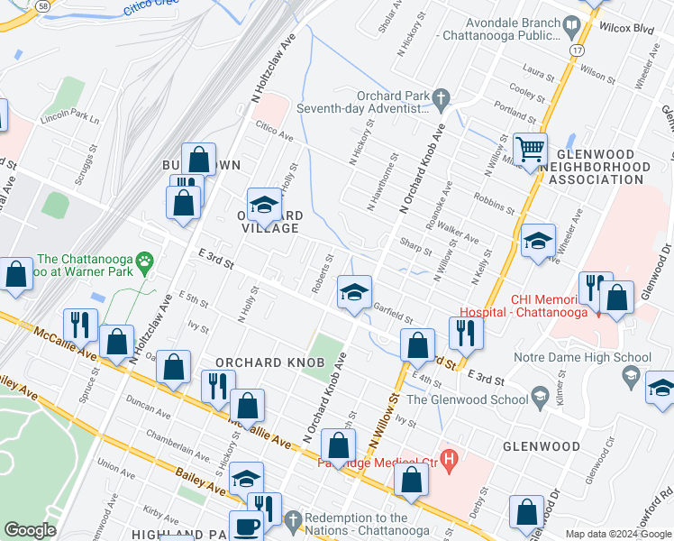 map of restaurants, bars, coffee shops, grocery stores, and more near 432 Roberts Street in Chattanooga