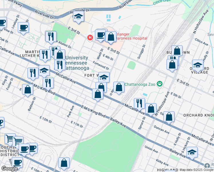 map of restaurants, bars, coffee shops, grocery stores, and more near 1003 Oak Street in Chattanooga