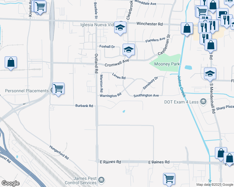 map of restaurants, bars, coffee shops, grocery stores, and more near 4918 Warrington Road in Memphis