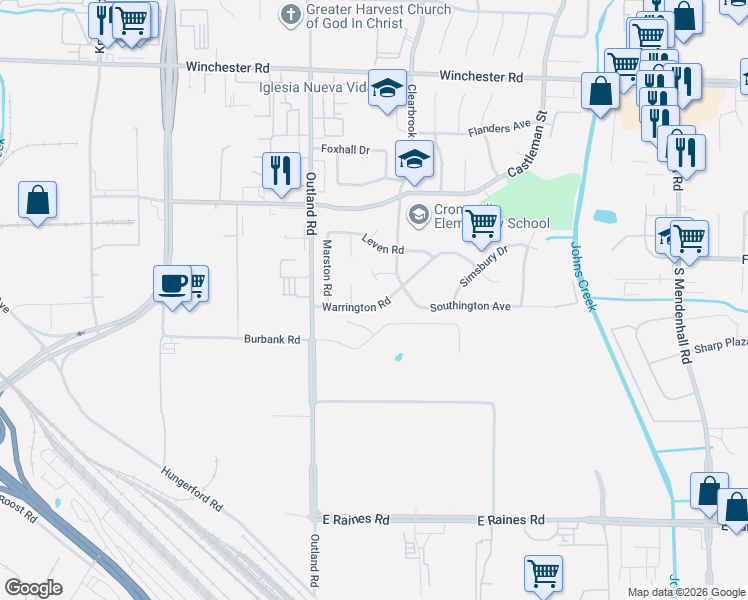 map of restaurants, bars, coffee shops, grocery stores, and more near 4918 Warrington Road in Memphis