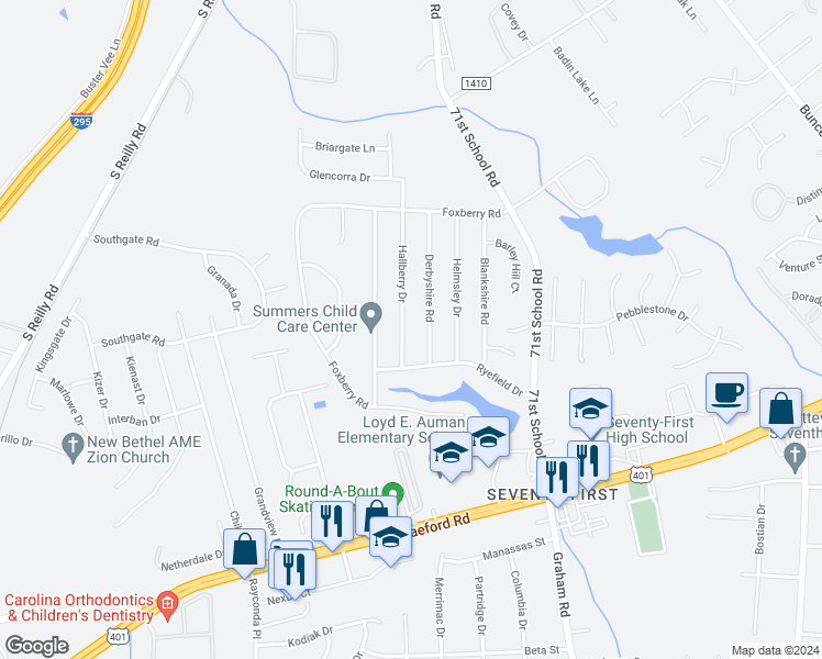 map of restaurants, bars, coffee shops, grocery stores, and more near 1183 Hallberry Drive in Fayetteville