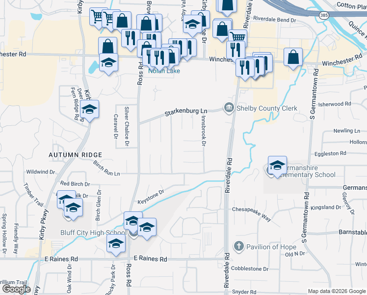map of restaurants, bars, coffee shops, grocery stores, and more near 6838 Tawny Cove in Memphis