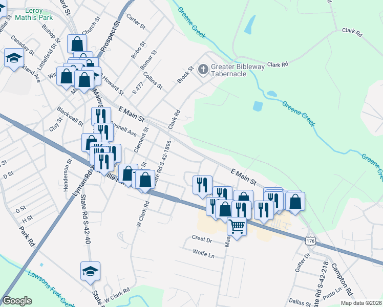 map of restaurants, bars, coffee shops, grocery stores, and more near 70 East Main Street in Inman