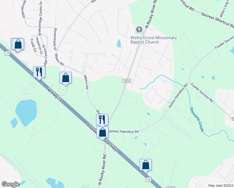 map of restaurants, bars, coffee shops, grocery stores, and more near 2811 North Rocky River Road in Monroe