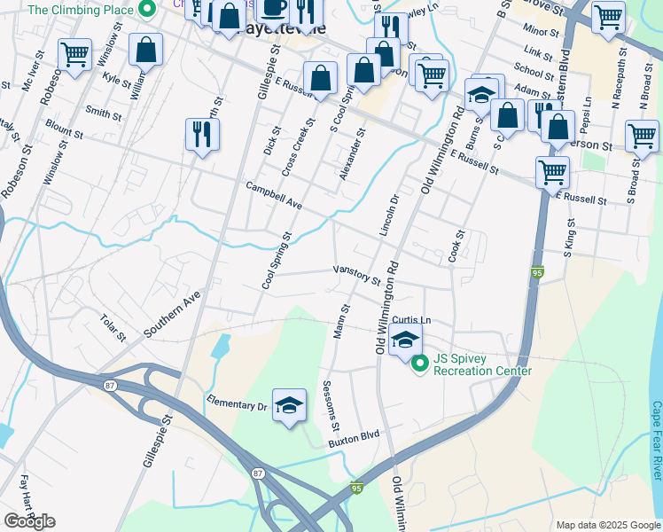 map of restaurants, bars, coffee shops, grocery stores, and more near 355 Vanstory Street in Fayetteville