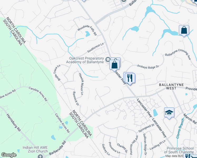 map of restaurants, bars, coffee shops, grocery stores, and more near 12202 Winghurst Drive in Pineville