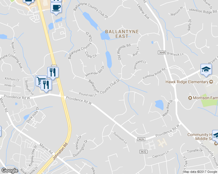 map of restaurants, bars, coffee shops, grocery stores, and more near 15512 Ballantyne Country Club Dr in Charlotte