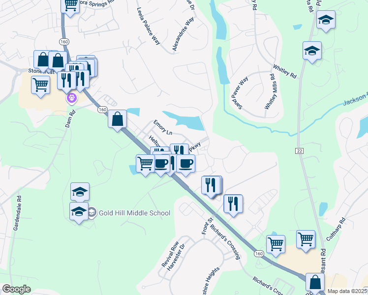 map of restaurants, bars, coffee shops, grocery stores, and more near 295 Helton Lane in Fort Mill