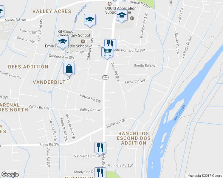 map of restaurants, bars, coffee shops, grocery stores, and more near 1549 Rinconado Lane Southwest in Albuquerque