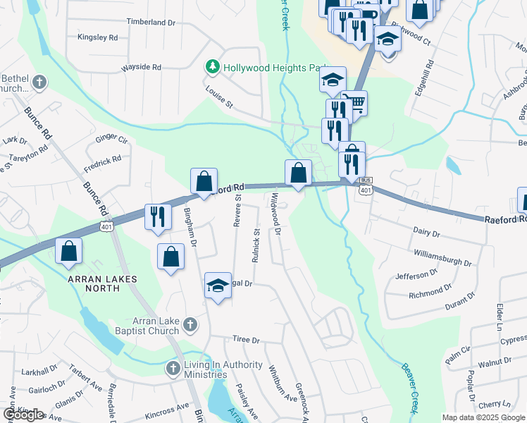 map of restaurants, bars, coffee shops, grocery stores, and more near 1021 Rulnick Street in Fayetteville