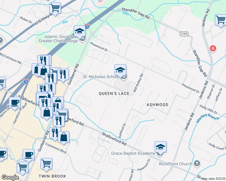 map of restaurants, bars, coffee shops, grocery stores, and more near 2431 Queens Lace Trail in Chattanooga