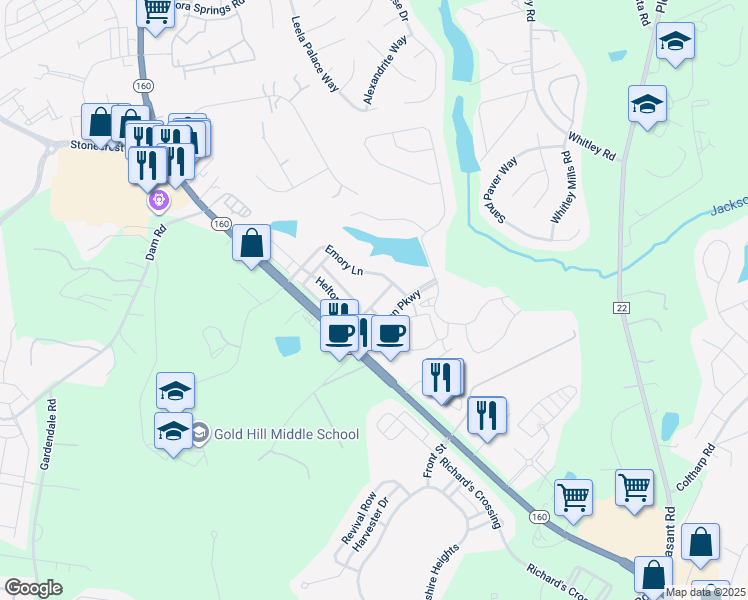 map of restaurants, bars, coffee shops, grocery stores, and more near 295 Helton Lane in Fort Mill