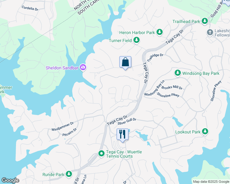 map of restaurants, bars, coffee shops, grocery stores, and more near 621 Pine Links Drive in Tega Cay