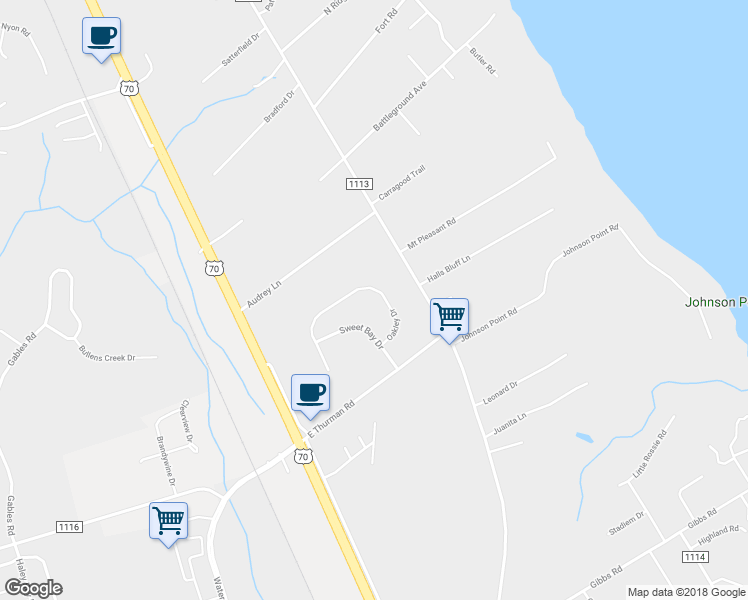 map of restaurants, bars, coffee shops, grocery stores, and more near 115 Oakley Drive in New Bern