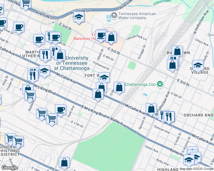 map of restaurants, bars, coffee shops, grocery stores, and more near 1003 Oak Street in Chattanooga