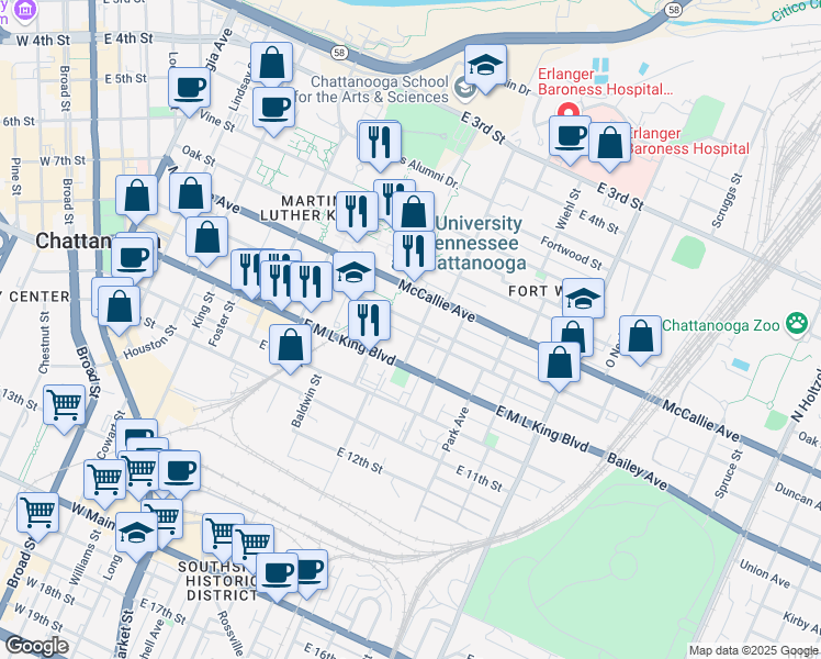 map of restaurants, bars, coffee shops, grocery stores, and more near 863 Flynn Street in Chattanooga