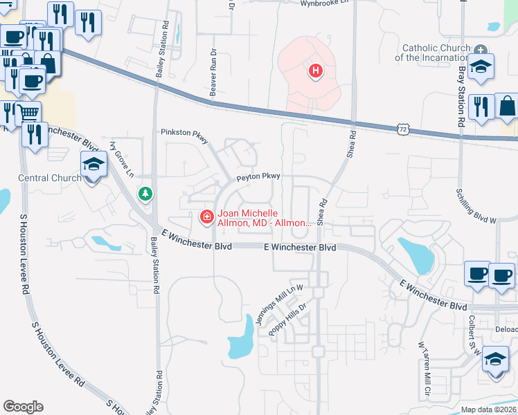 map of restaurants, bars, coffee shops, grocery stores, and more near 1685 Forsythe Trail in Collierville