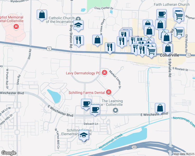 map of restaurants, bars, coffee shops, grocery stores, and more near 892 Schilling Boulevard East in Collierville