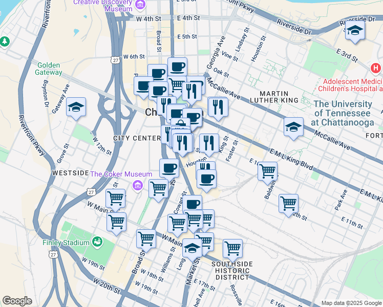map of restaurants, bars, coffee shops, grocery stores, and more near 1122 Lindsay Street in Chattanooga