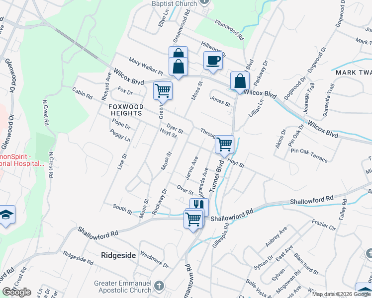 map of restaurants, bars, coffee shops, grocery stores, and more near 1110 Rockway Drive in Chattanooga
