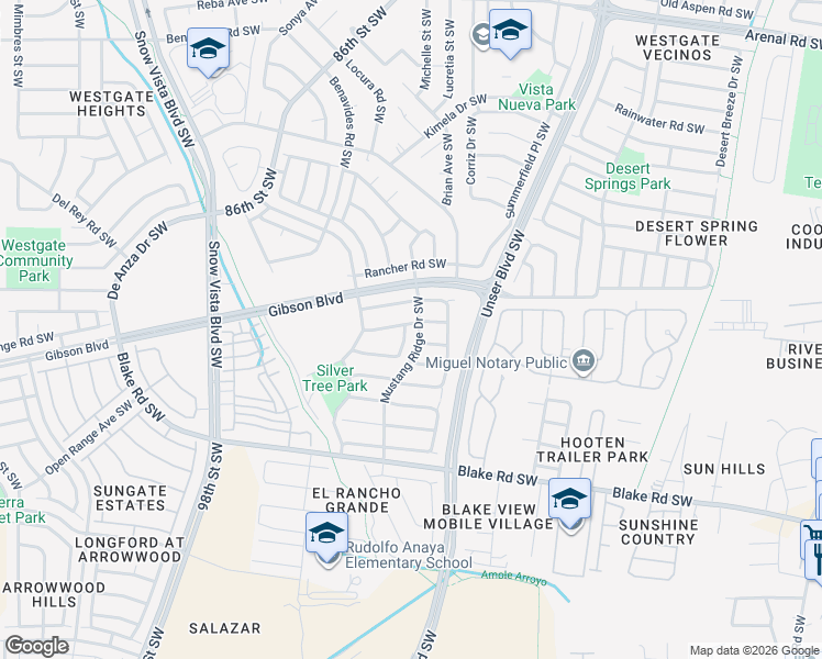 map of restaurants, bars, coffee shops, grocery stores, and more near 2100 Dry Gulch Street Southwest in Albuquerque