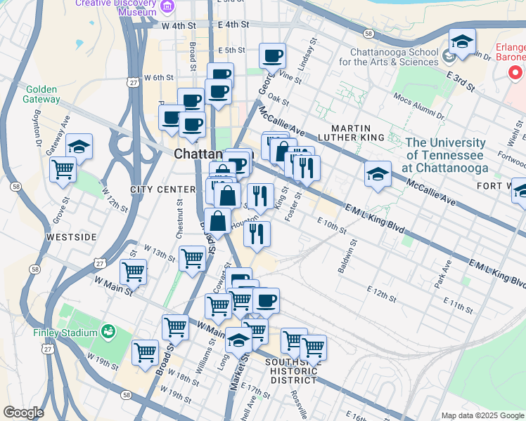 map of restaurants, bars, coffee shops, grocery stores, and more near 231 East 11th Street in Chattanooga