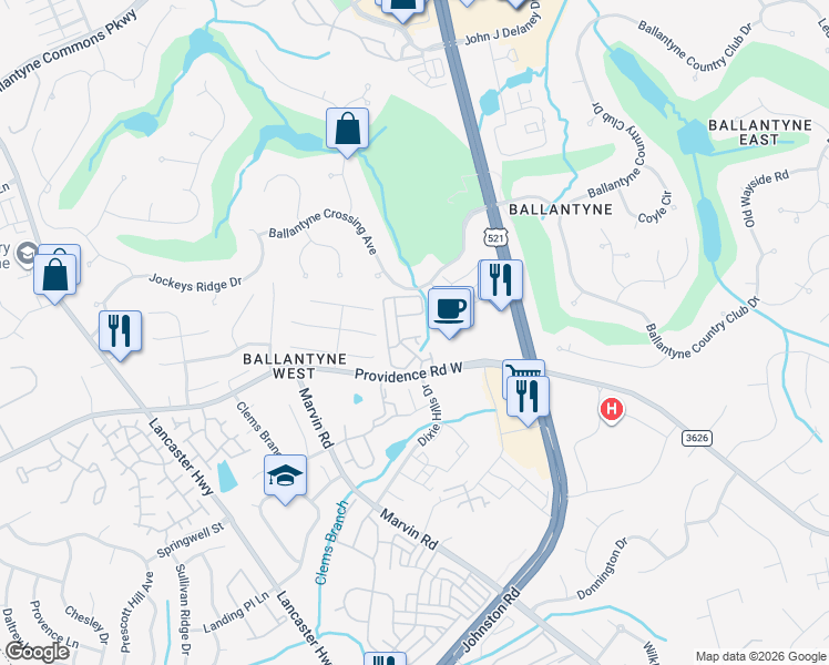 map of restaurants, bars, coffee shops, grocery stores, and more near 10346 McGoogan Lane in Charlotte