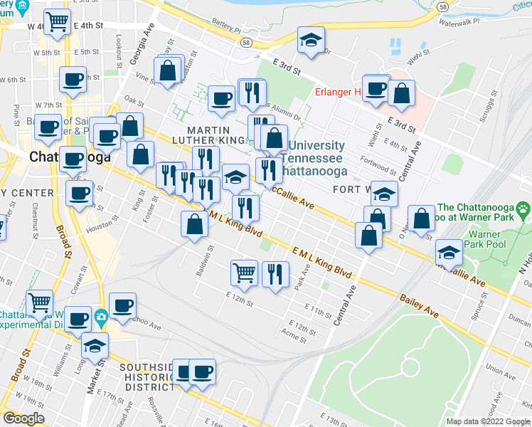 map of restaurants, bars, coffee shops, grocery stores, and more near 829 Flynn Street in Chattanooga