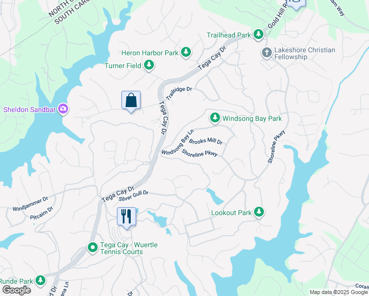 map of restaurants, bars, coffee shops, grocery stores, and more near 414 Shoreline Parkway in Tega Cay