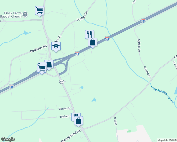 map of restaurants, bars, coffee shops, grocery stores, and more near 100 Huff Road in Cowpens