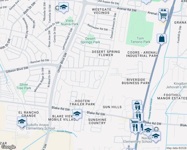 map of restaurants, bars, coffee shops, grocery stores, and more near 2517 Sancho Panza Way Southwest in Albuquerque
