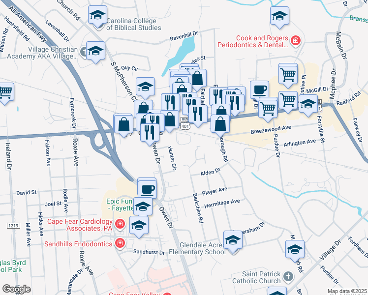 map of restaurants, bars, coffee shops, grocery stores, and more near 1036 Ancestry Drive in Fayetteville