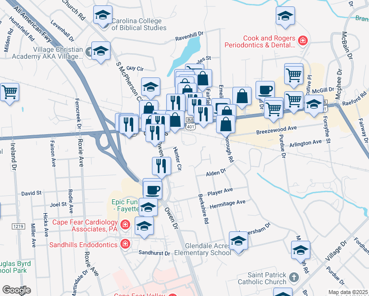 map of restaurants, bars, coffee shops, grocery stores, and more near 113 Hunter Circle in Fayetteville