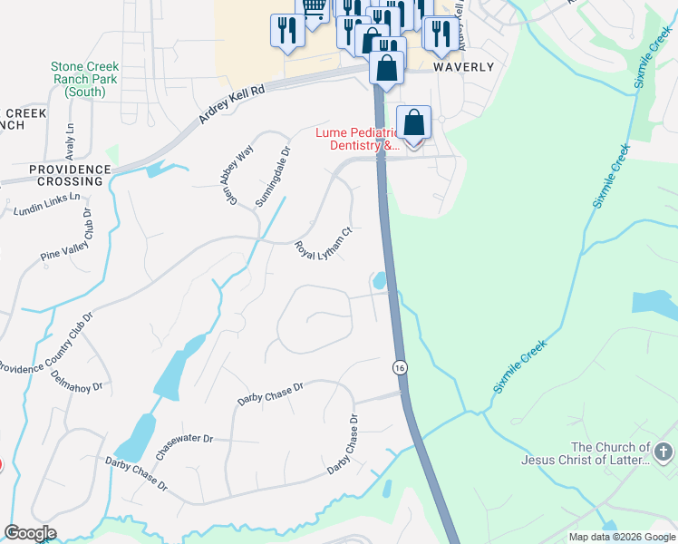 map of restaurants, bars, coffee shops, grocery stores, and more near 11924 Royal Lytham Court in Charlotte