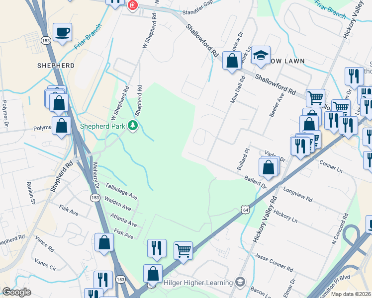 map of restaurants, bars, coffee shops, grocery stores, and more near 6501 Ballard Drive in Chattanooga