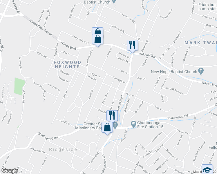 map of restaurants, bars, coffee shops, grocery stores, and more near 1116 Jarvis Avenue in Chattanooga