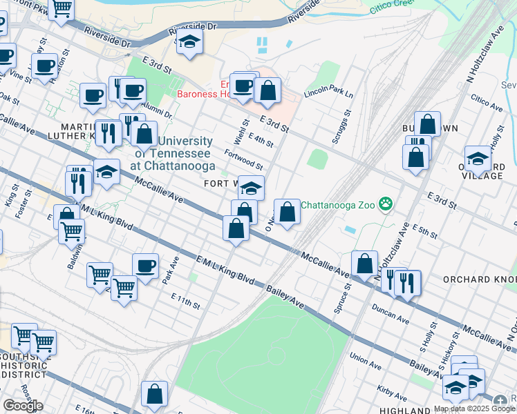 map of restaurants, bars, coffee shops, grocery stores, and more near 1003 Oak Street in Chattanooga