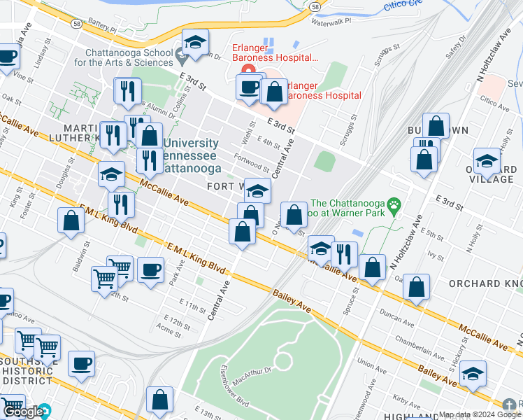 map of restaurants, bars, coffee shops, grocery stores, and more near 1003 Oak Street in Chattanooga