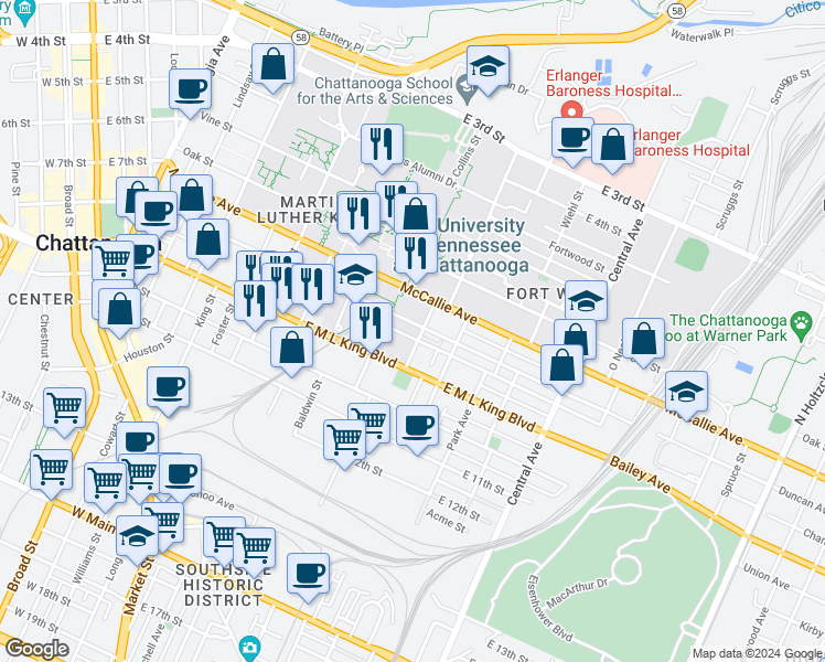 map of restaurants, bars, coffee shops, grocery stores, and more near 829 Flynn Street in Chattanooga