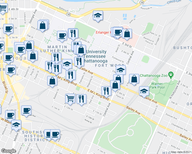 map of restaurants, bars, coffee shops, grocery stores, and more near 846 McCallie Avenue in Chattanooga